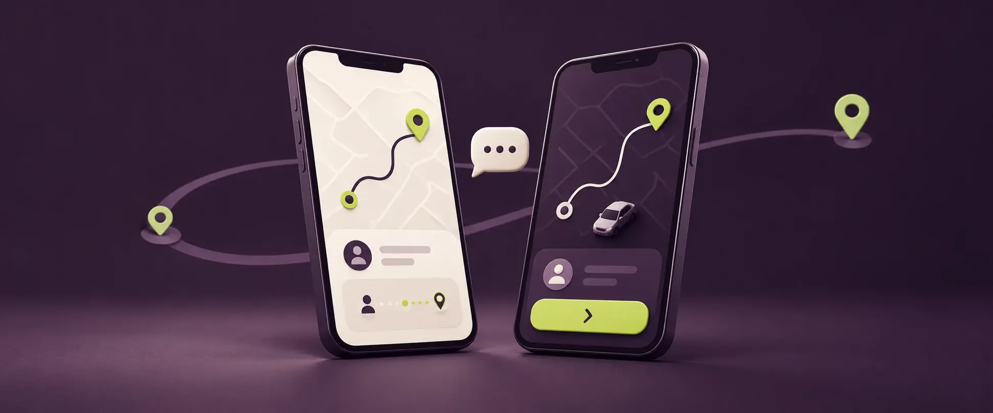 Connected mobility platform showing customer booking on light mobile UI and driver route dispatch on dark mobile UI