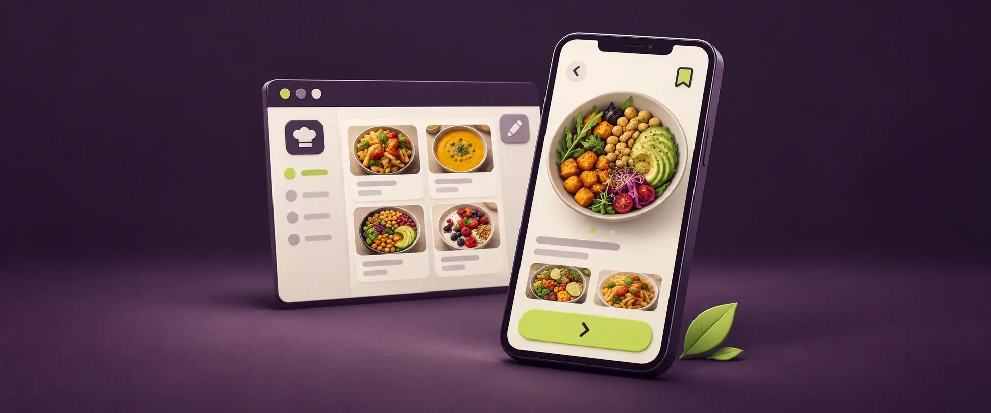 Food and wellness ecosystem showing administrative recipe management console and consumer mobile browsing application